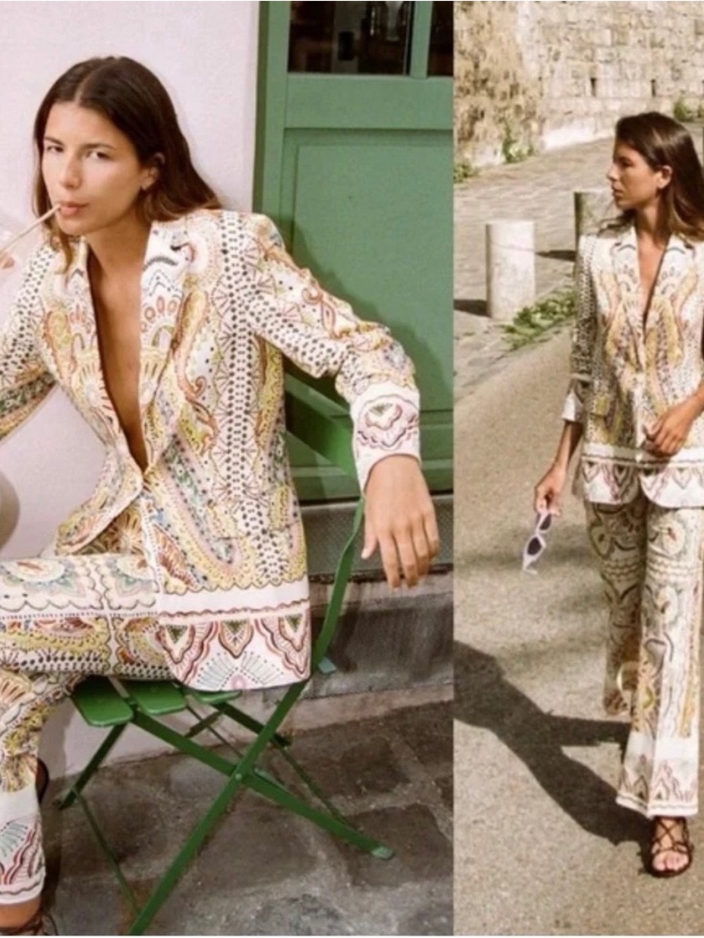 Zara Paisley Linen Printed Blazer and Flare Pants Set (S)